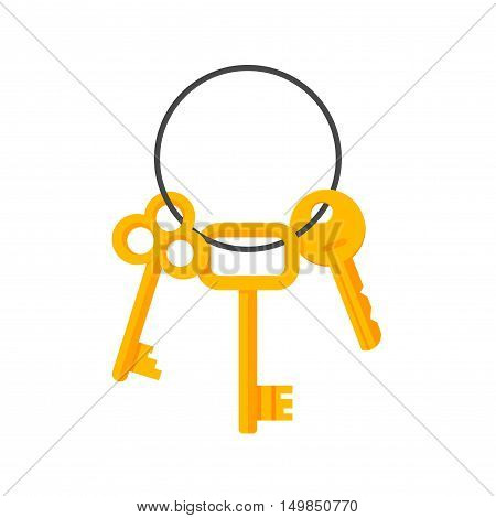 Keys hanging on key ring illustration isolated on white background, bunch of golden door and lock keys chain flat cartoon style image