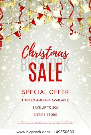 Christmas sale flyer template. Red and gold vector illustration with shining sparks for xmas design. Season discount banner with garlands and serpentine.