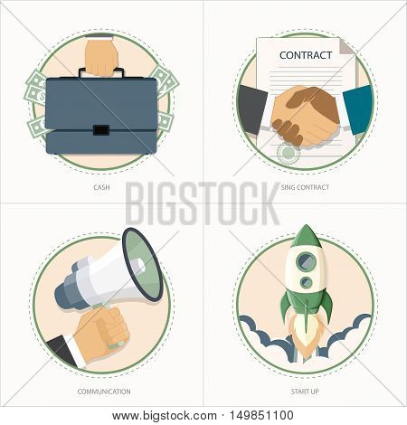 Vector creative business icon set. Flat style. Sign contract, cash, communication, business start up concept.