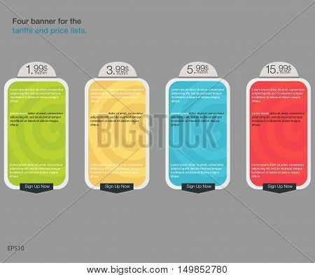 Four banner for the tariffs and price lists. Web elements. Plan hosting. Vector design for web app. Four banner for the clouded sky service. Price list hosting plans and web boxes banners design.