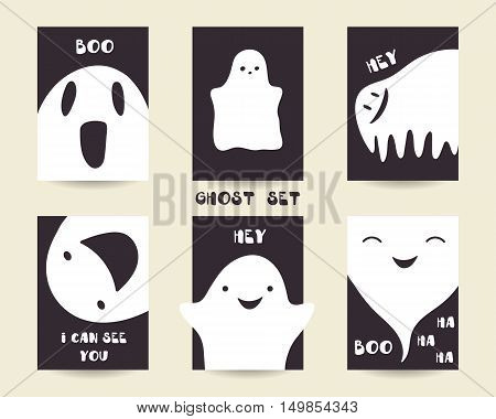 Cute hand drawn doodle ghosts set. Printable tags templates for halloween with funny creatures monsters