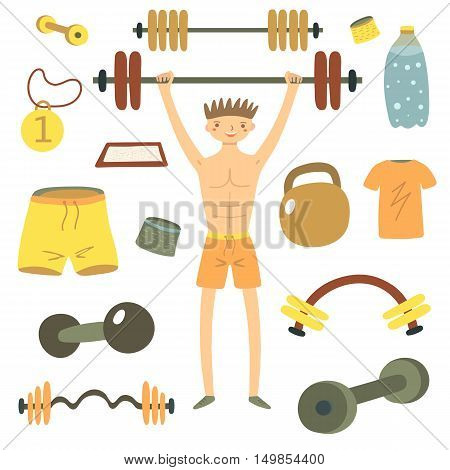 Hand drawn flat style man holding barbell. Sport objects set including shorts t shirt medal dumbbell wristband water bottle talc container. Gym objects icons