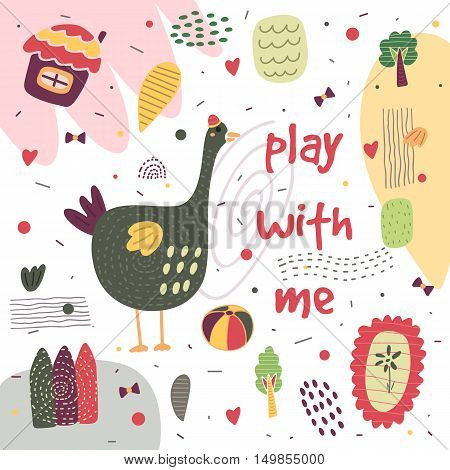 Cute hand drawn postcard with goose house flowers fence tree ball heart polka dots abstract elements. Play with me background for children. Baby shower cover in cartoon style