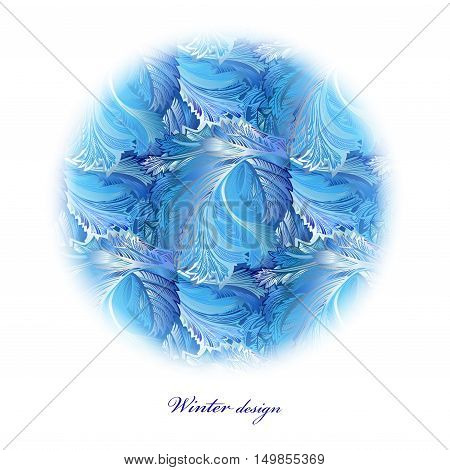 Circle frame with window frost ornament. Frozen glass decor. Winter holyday background. Blue, cyan, white snow hoar frost ice background for winter holiday template. Vector illustration stock vector.