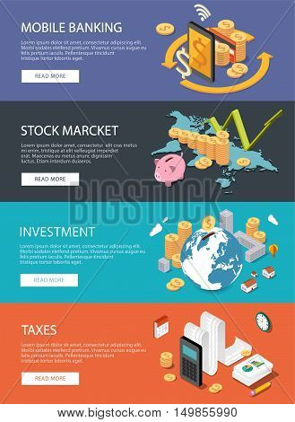 Flat isometric concept for finance stock market consulting investing crowdfunding taxes m-banking bookkeeping. Can be used for infographics, web design, diagram, banners, promotional materials.
