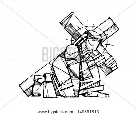 Hand drawn vector illustration or drawing of Jesus Christ carrying the Cross