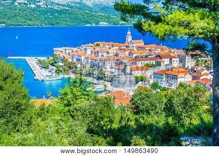 Aerial view on picturesque old town Korcula, Island Korcula, Croatia Europe.