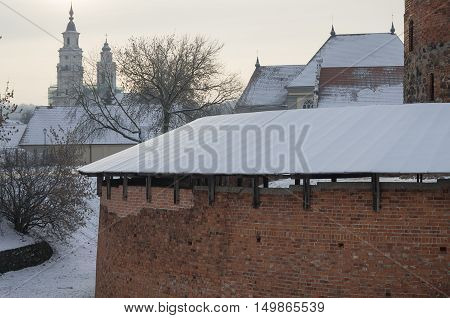 Barbacan bastion of the old town of Vilnius in winter Lithuania.