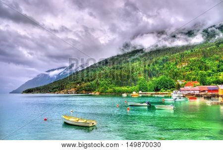 Harbor in Lustrafjorden fjord, Solvorn village in Norway