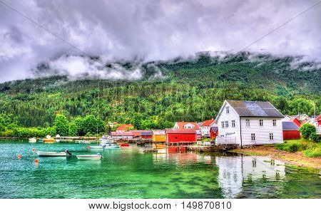 Harbor in Lustrafjorden fjord, Solvorn village in Norway
