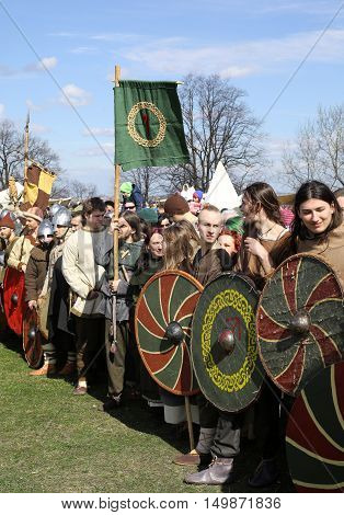 KRAKOW POLAND - MARCH 29 2016: Unidentified participants of Rekawka - Polish tradition celebrated in Krakow on Tuesday after Easter. Currently has the character of festival historical reconstruction