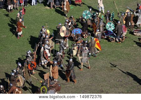 KRAKOW POLAND - MARCH 29 2016: Unidentified participants of Rekawka - Polish tradition celebrated in Krakow on Tuesday after Easter. Currently has the character of festival historical reconstruction