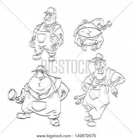Vector black and white line drawings of plumbers and mechanics for coloring book.
