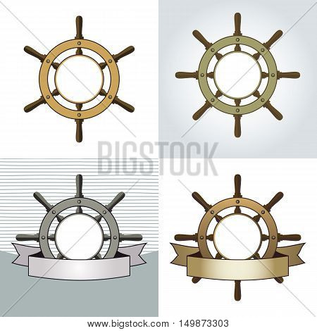 Set of four ship helm vector backgrounds. Shipboard steering wheel with blank banner and space for your text. Vector eps8 illustration.