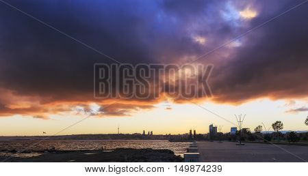 Baku at sunset nature skies backdrop Azerbaijan