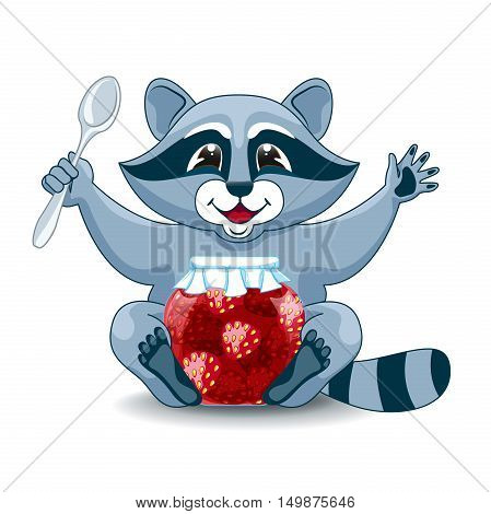 Raccoon with a jar of strawberry jam and spoon