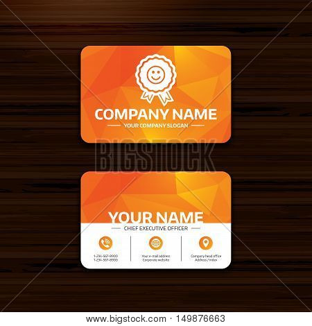 Business or visiting card template. Award smile icon. Happy face medal symbol. Phone, globe and pointer icons. Vector