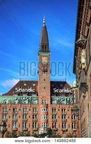 COPENHAGEN DENMARK - AUGUST 15 2016: Scandic Palace Hotel is a residential hotel on City Hall Square(The hotel was built by Anders Jensen from 1909. ) in Copenhagen Denmark on August 15 2016.