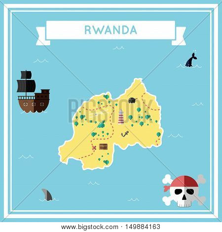 Flat Treasure Map Of Rwanda. Colorful Cartoon With Icons Of Ship, Jolly Roger, Treasure Chest And Ba