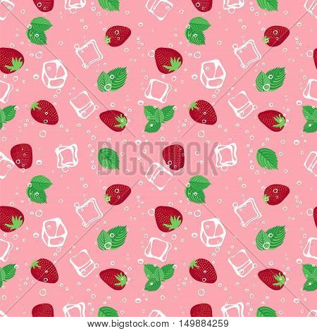 Strawberry mojito seamless vector pattern.  Ice cubes, strawberry and mint illustration.