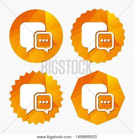 Chat sign icon. Speech bubble with three dots symbol. Communication chat bubble. Triangular low poly buttons with flat icon. Vector