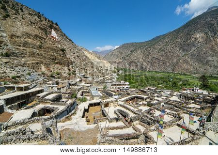 Mountain village Marpha on the Annapurna Circuit Trek in the Himalayas, Nepal