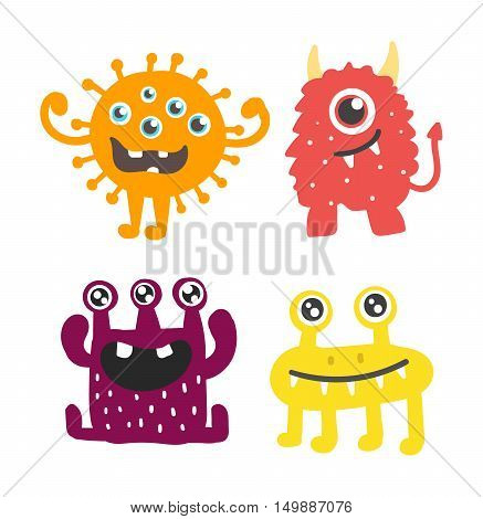 Cute monster color character funny design elements. Humour emoticon fantasy monsters unique expression sticker isolated. Alien sticker vector fantasy monsters paint crazy animals.