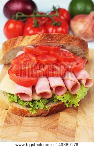 Baloney or Bologna sausage sandwich with tomato and lettuce