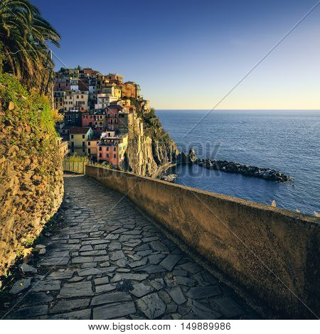 Manarola village stone trekking trail. Cinque Terre National Park Liguria Italy Europe. Long Exposure