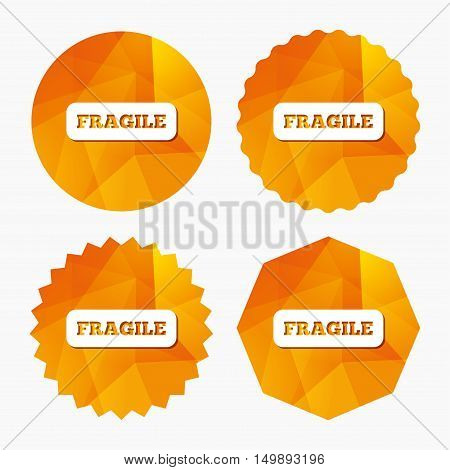 Fragile parcel sign icon. Delicate package delivery symbol. Triangular low poly buttons with flat icon. Vector