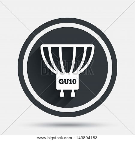 Light bulb icon. Lamp GU10 socket symbol. Led or halogen light sign. Circle flat button with shadow and border. Vector