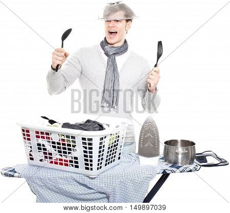 young man completely overwhelmed with household - isolated on white background
