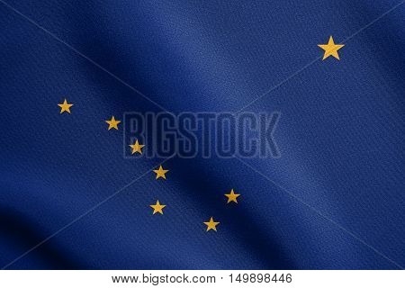 Alaskan official flag symbol. American patriotic element. USA banner. United States of America background. Flag of the US state of Alaska waving in the wind with detailed fabric texture, illustration