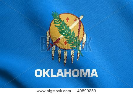 Oklahoman official flag symbol. American patriotic element. USA banner. United States of America background. Flag of the US state of Oklahoma waving in the wind with detailed fabric texture, illustration