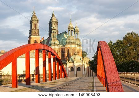 Poznan, Poland - June 29, 2016: Old Bridge And Cathedral Church In Polish Town Poznan