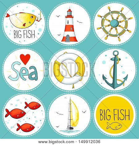 Vector sea set of 9 nautical elements. Each one in a circle shape on a dark background. There are lighthouse, seagulls, sail boat, life buoy, fish, wheel and anchor. Imitation of watercolor.