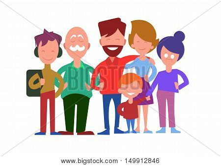 Family generations. Smiling father, mother, daughter, son, grandfather and grandmother standing in line iIsolated on white background vector illustration. Closest relatives. For family values concept