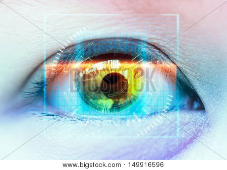 Close-up of colorful eye. futuristic scan. High Technologies