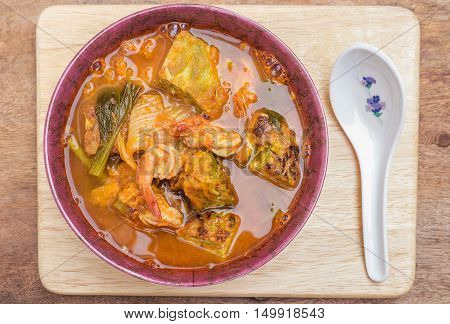 Spicy and Soup Curry with Shrimp and Vegetable Omelet.Thailand food is spicy and sour.