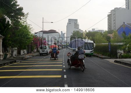 Georgetown Penang Malaysia - April 18 2015: Classic local rickshaw in George Town Penang in Malaysia