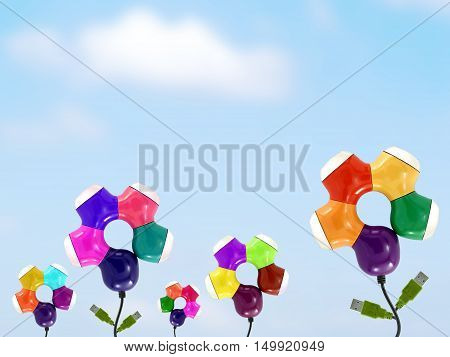colorful usb hub with green usb head connector like flower blooming with leaf in flower garden and sunny sky, ideas for use  technology to sustainable environmentally friendly