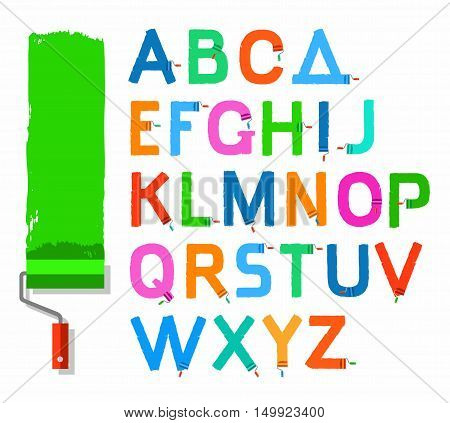 Font paint roller, English capital letters, colored. Vector letters written with a paint roller and paint on a white background. Simulated texture.