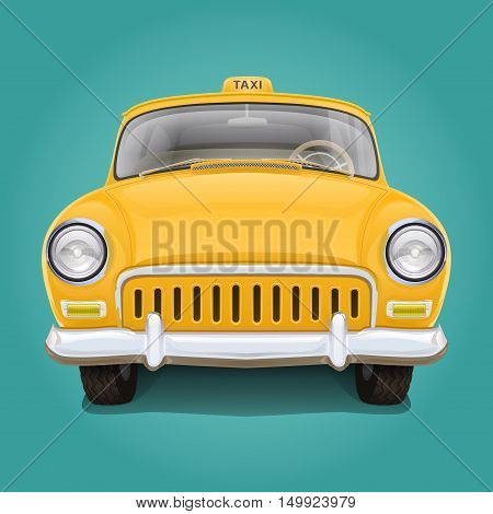 Retro yellow taxi. Front view. Illustration of the vintage car. The beautiful details. Good varnish covering.
