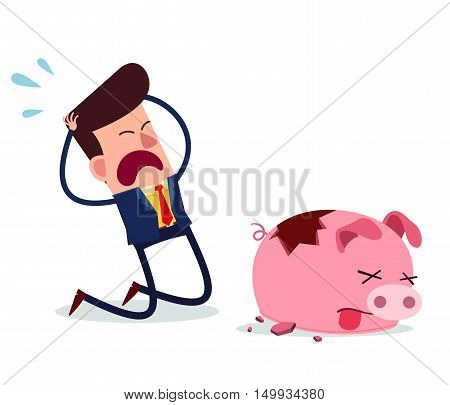 young businessman get desperate because of his piggy bank get broken