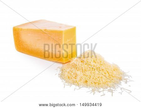 Single Tasty Fresh Yellow Big Segment Piece Of Parm And  Grated Cheese Is Isolated On White Backgrou