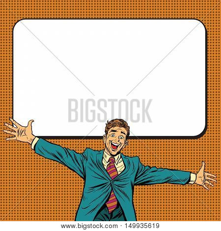Happy businessman welcomes on white background, pop art retro vector illustration