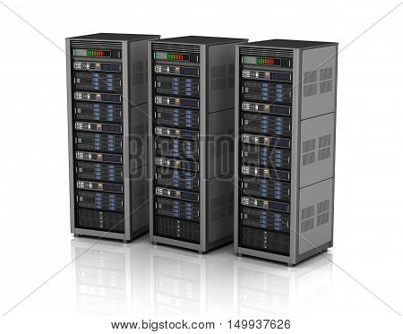 Row of network servers in data center isolated on white background . 3D illustration