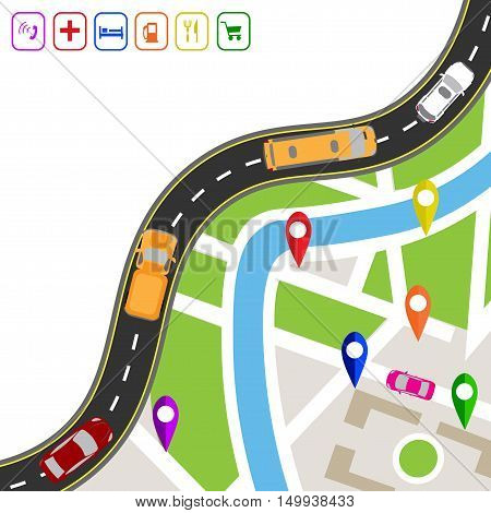 Road infographics. Winding road with markers on the map terrain. The path specifies the navigator. Displaying traffic car vector illustration