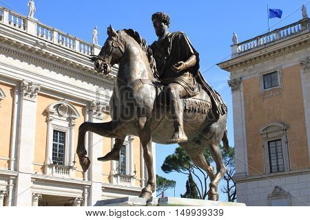 Equestrian Statue of Marcus Aurelius in Campidoglio square of Rome, Italy