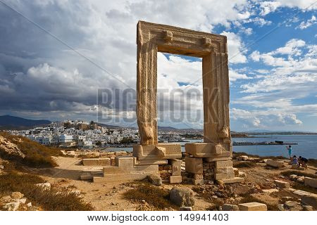 NAXOS, GREECE - SEPTEMBER 21, 2016: View of Portara and Naxos town on September 21, 2016.